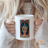 "Funny Gothic Tarot Card Mug - 'Zero Fucks Given' Skeleton Hand Middle Finger Humorous Coffee Cup for Sarcastic Humor Lovers, Gift Idea for Birthdays, Halloween, Edgy Style Enthusiasts in North America & Europe"