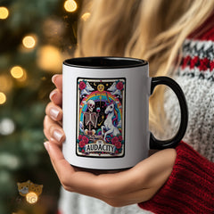"Funny Gothic Tarot Card Mug - 'The Audacity' Skeleton & Unicorn Humorous Coffee Cup for Sarcastic Humor Lovers, Gift Idea for Birthdays, Halloween, Whimsical Style Enthusiasts in North America & Europe"