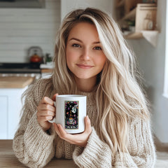 "Gothic Tarot Card 'Spill The Tea' Mug - Skeleton & Floral Design Coffee Cup for Gossip Lovers, Gift Idea for Birthdays, Friendships, Mystical Style Enthusiasts in North America & Europe"