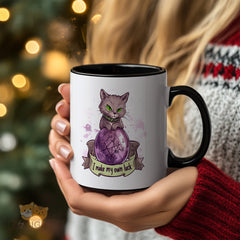 Witchy Gray Cat Mug - "I Make My Own Luck" Occult Gothic Coffee Mug with Crystal Ball Design, Ceramic Tea Cup Gift for Cat Lovers, Women & Men in USA and Europe