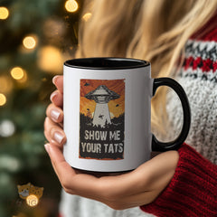 Retro UFO Mug - "Show Me Your Tats" Funny Alien Abduction Coffee Mug for Tattoo Lovers, Vintage Space Ceramic Tea Cup Gift for Men & Women in USA and Europe