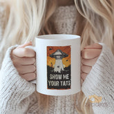 Retro UFO Mug - "Show Me Your Tats" Funny Alien Abduction Coffee Mug for Tattoo Lovers, Vintage Space Ceramic Tea Cup Gift for Men & Women in USA and Europe