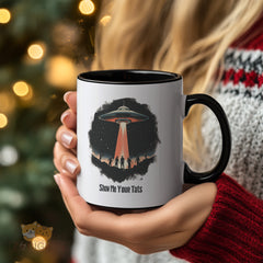 Retro UFO Mug - "Show Me Your Tats" Funny Alien Abduction Coffee Mug, Vintage Space Ceramic Tea Cup Gift for Tattoo Lovers & Sci-Fi Fans in USA and Europe