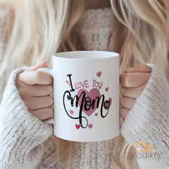 I Love You Mom Ceramic Mug - Heart - Design, Perfect Gift for Mothers' Day, Birthdays, or Just Because - High - Quality and Microwave Safe - Ideal Gift for Moms