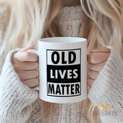 Vintage Black "Old Lives Matter" Quote Mug | Funny Retro Typography Drinkware for Coffee, Tea | Unique Gift for Hippie, Punk, Classic Rock Fans | Durable Ceramic Cup with C-Handle