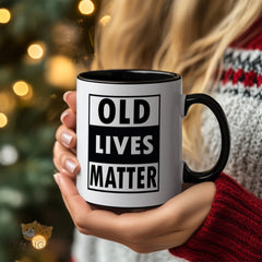 Vintage Black "Old Lives Matter" Quote Mug | Funny Retro Typography Drinkware for Coffee, Tea | Unique Gift for Hippie, Punk, Classic Rock Fans | Durable Ceramic Cup with C-Handle