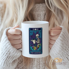 The Gardener Skeleton Tarot - Inspired White Ceramic Mug with Cosmic Plant Design for Coffee, Tea & Home Decor | Unique Gift Idea