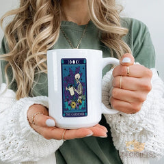 The Gardener Skeleton Tarot - Inspired White Ceramic Mug with Cosmic Plant Design for Coffee, Tea & Home Decor | Unique Gift Idea