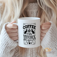 Magical Coffee Mug - Cats, Witches & Spells Design, Perfect for Halloween and Cozy Mornings, High-Quality Ceramic Mug for Coffee Lovers