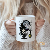 Spooky Halloween Mug - Cute Grim Reaper, Ghost, Pumpkin & Haunted House Design - Perfect for Trick-or-Treat, Costume Parties, Fall Decor & Coffee Lovers