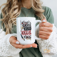 Cuddle and Watch Horror Movies Mug - Funny Horror - Themed Ceramic Coffee Cup, Unique Gift for Horror Fans, Durable and Microwave Safe