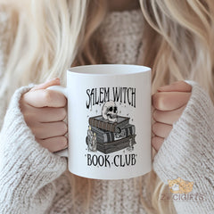 Salem Witch Book Club Mug - Unique Gothic Design with Skull and Books, Perfect for Halloween Gifts, Home Decor, or Coffee Lovers