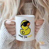 Funny What The Duck Novelty Ceramic Mug for Coffee Tea with Quirky Rubber Duck Design, Cool Sunglasses Graphic, Unique Gift Idea for Duck Lovers & Humor Enthusiasts
