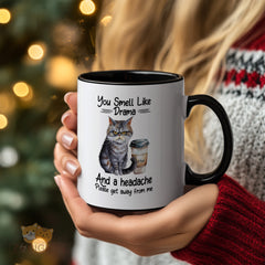 Funny Cat Mug - "You Smell Like Drama And a Headache Please get away from me" Novelty Coffee Cup, Perfect Gift for Cat Lovers and Those with a Sense of Humor, High - Quality Ceramic Mug for Daily Use