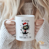 Funny Christmas Cat Mug - Cozy Home Decor & Unique Gift Idea for Cat Lovers, "It's Fine I'm Fine Everything Is Fine" Quote Design