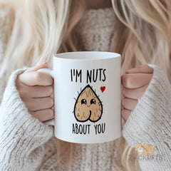 I'm Nuts About You Cute Novelty Mug - Funny Valentine's Day Gift for Her/Him, Kawaii Coconut - Shaped Design with Heart, Perfect for Coffee Lovers & Couples