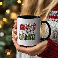 Merry and Bright Christmas - Patterned Ceramic Mug for Hot Coffee, Tea or Cocoa - Festive Holiday Gift for Family, Friends, Coworkers
