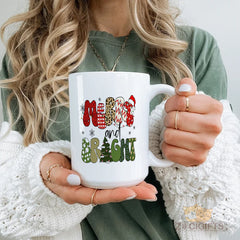 Merry and Bright Christmas - Patterned Ceramic Mug for Hot Coffee, Tea or Cocoa - Festive Holiday Gift for Family, Friends, Coworkers