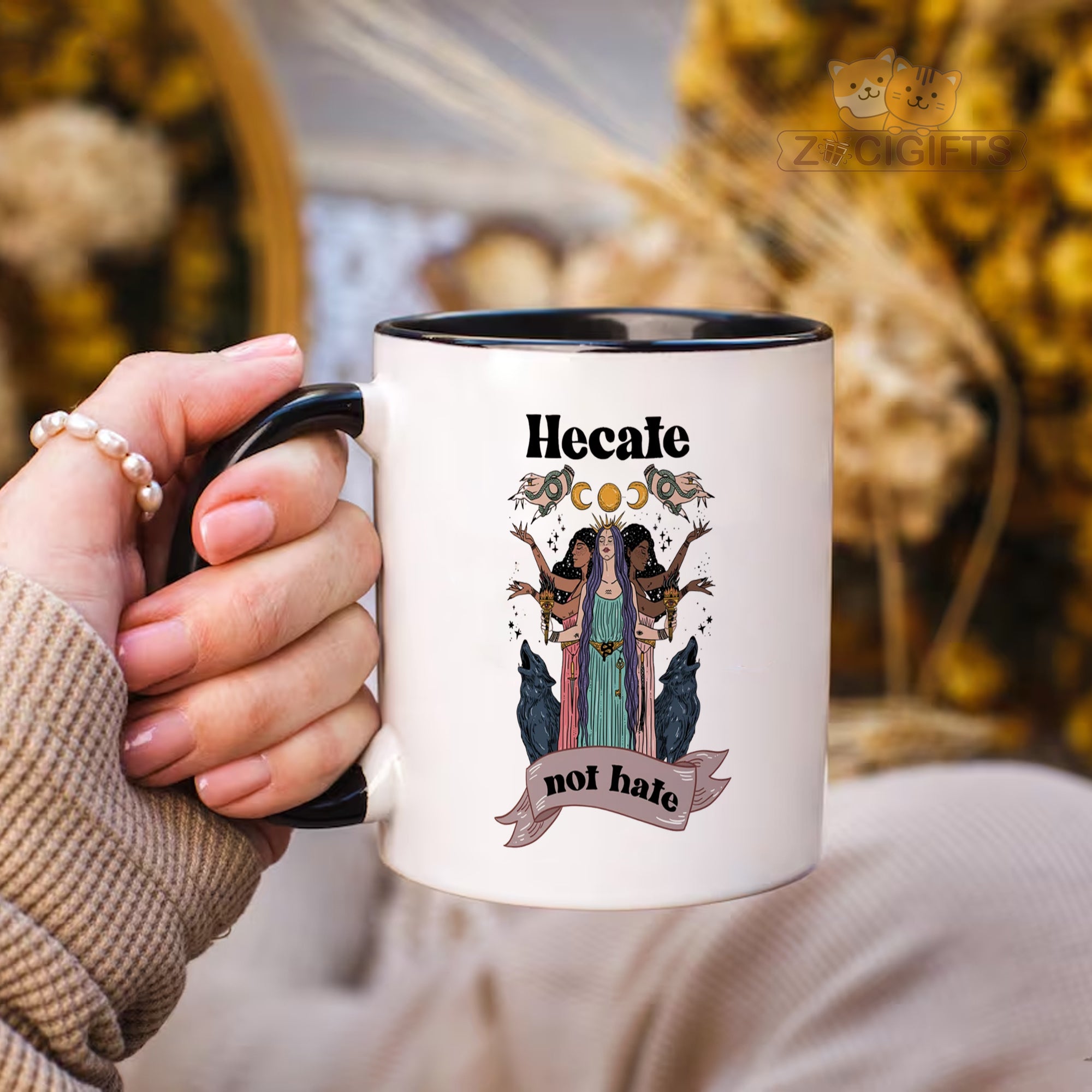Hecate Triple Goddess Mug - Witchcraft Coffee Cup for Pagans & Wiccans - Greek Mythology Moon Goddess Design - Perfect Gift for Spellcasters, Priestesses & Dark Moon Practitioners