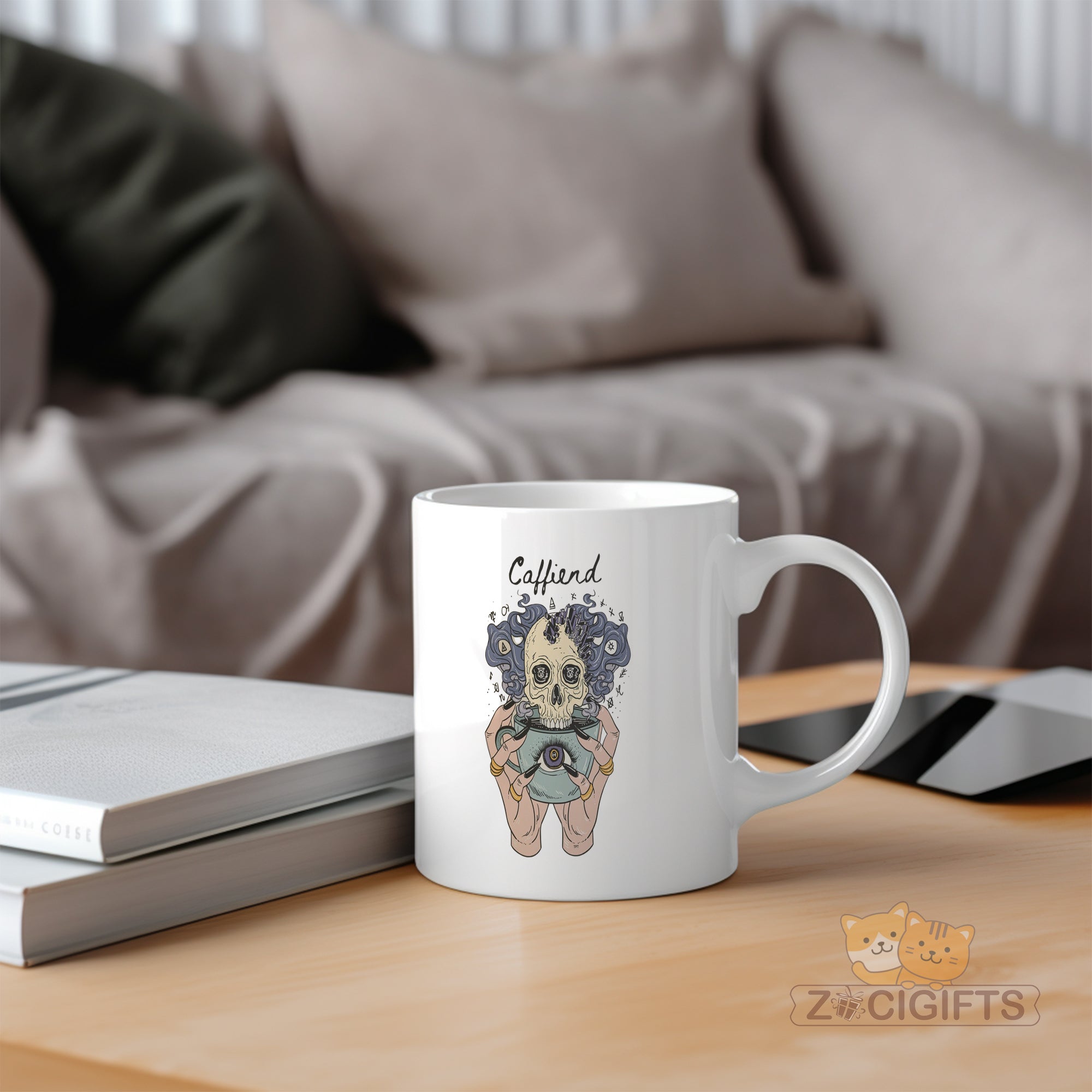 "Gothic Coffee Lover Mug - 'Coffiend' Skull & Mystical Design Humorous Coffee Cup for Dark Academia, Goth Style Enthusiasts, Gift Idea for Coffee Addicts, Halloween, Birthdays in North America & Europe"