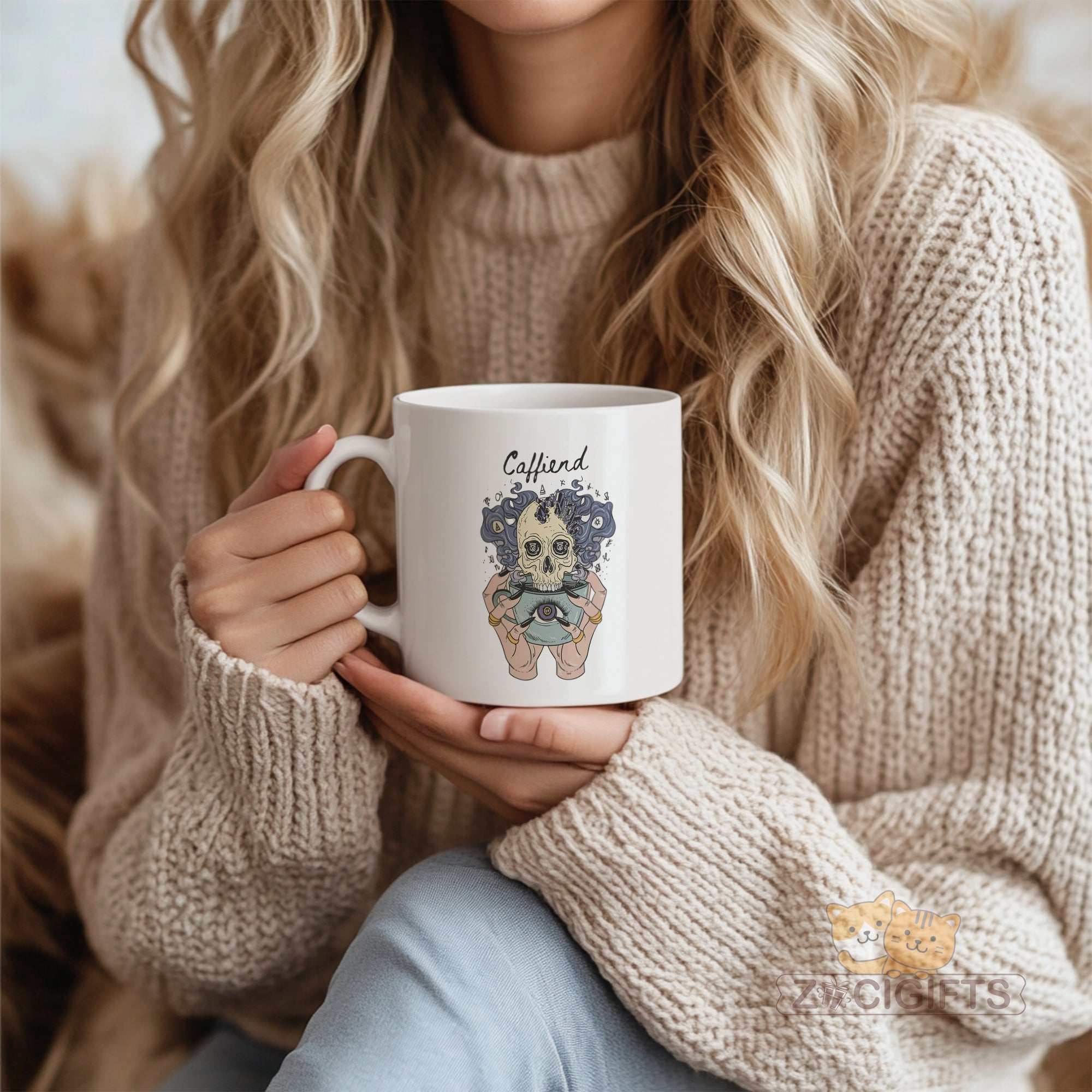 "Gothic Coffee Lover Mug - 'Coffiend' Skull & Mystical Design Humorous Coffee Cup for Dark Academia, Goth Style Enthusiasts, Gift Idea for Coffee Addicts, Halloween, Birthdays in North America & Europe"