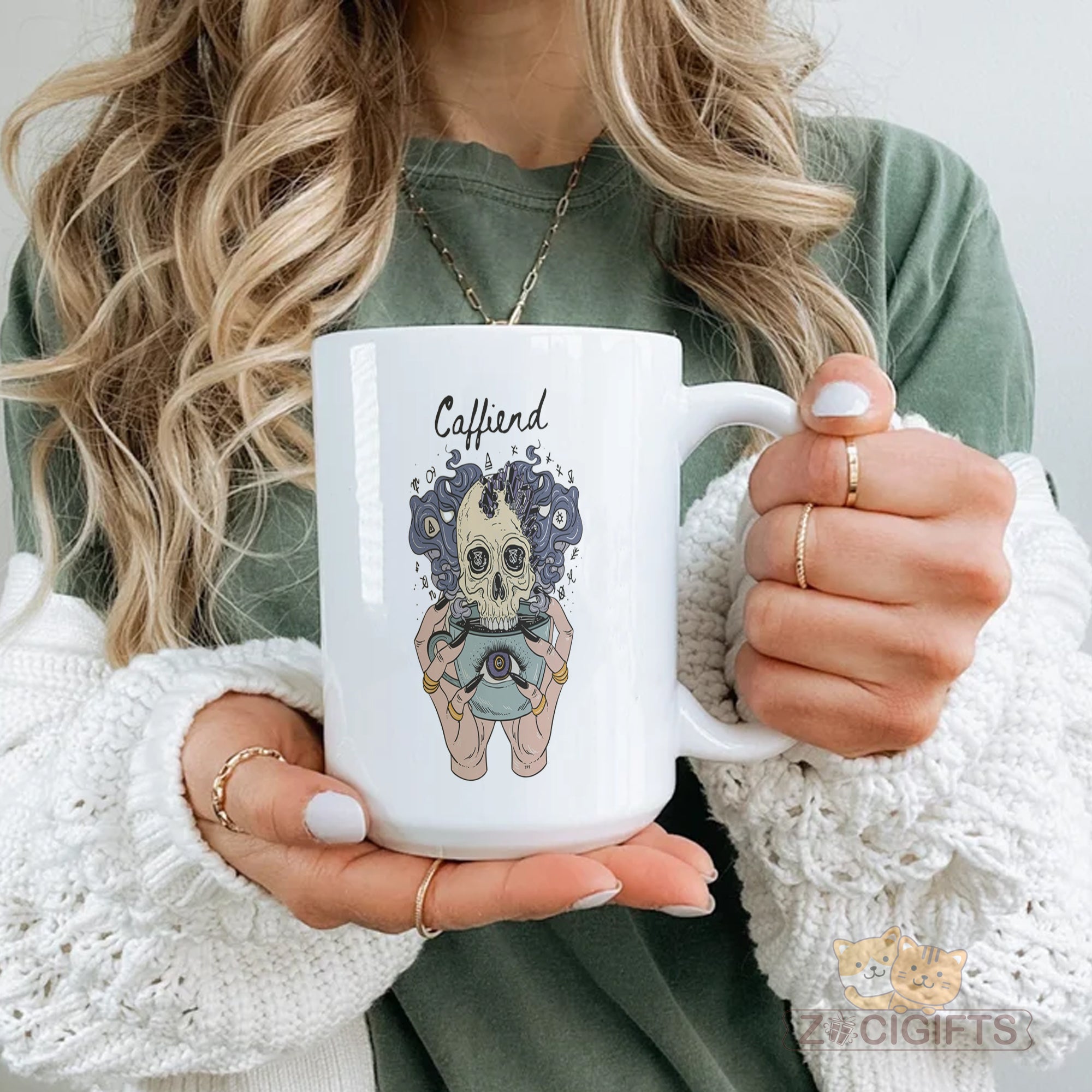 "Gothic Coffee Lover Mug - 'Coffiend' Skull & Mystical Design Humorous Coffee Cup for Dark Academia, Goth Style Enthusiasts, Gift Idea for Coffee Addicts, Halloween, Birthdays in North America & Europe"