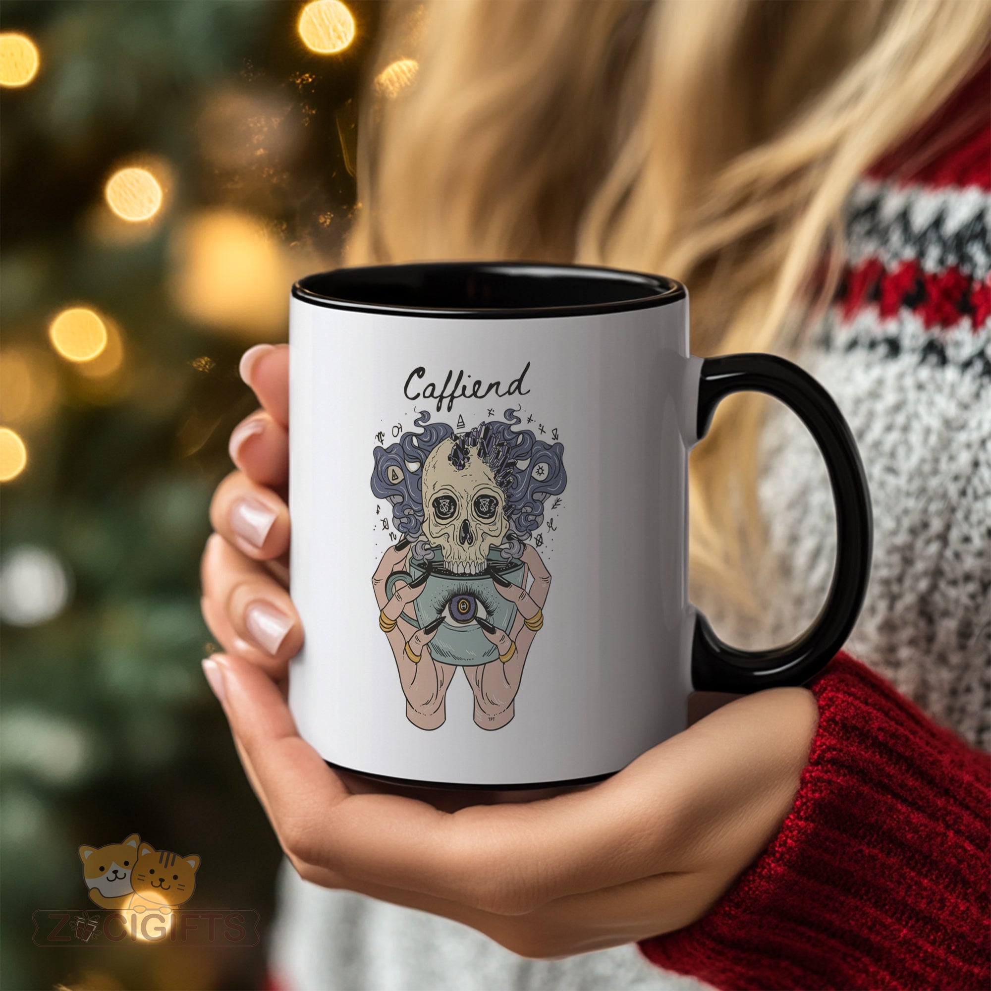 "Gothic Coffee Lover Mug - 'Coffiend' Skull & Mystical Design Humorous Coffee Cup for Dark Academia, Goth Style Enthusiasts, Gift Idea for Coffee Addicts, Halloween, Birthdays in North America & Europe"