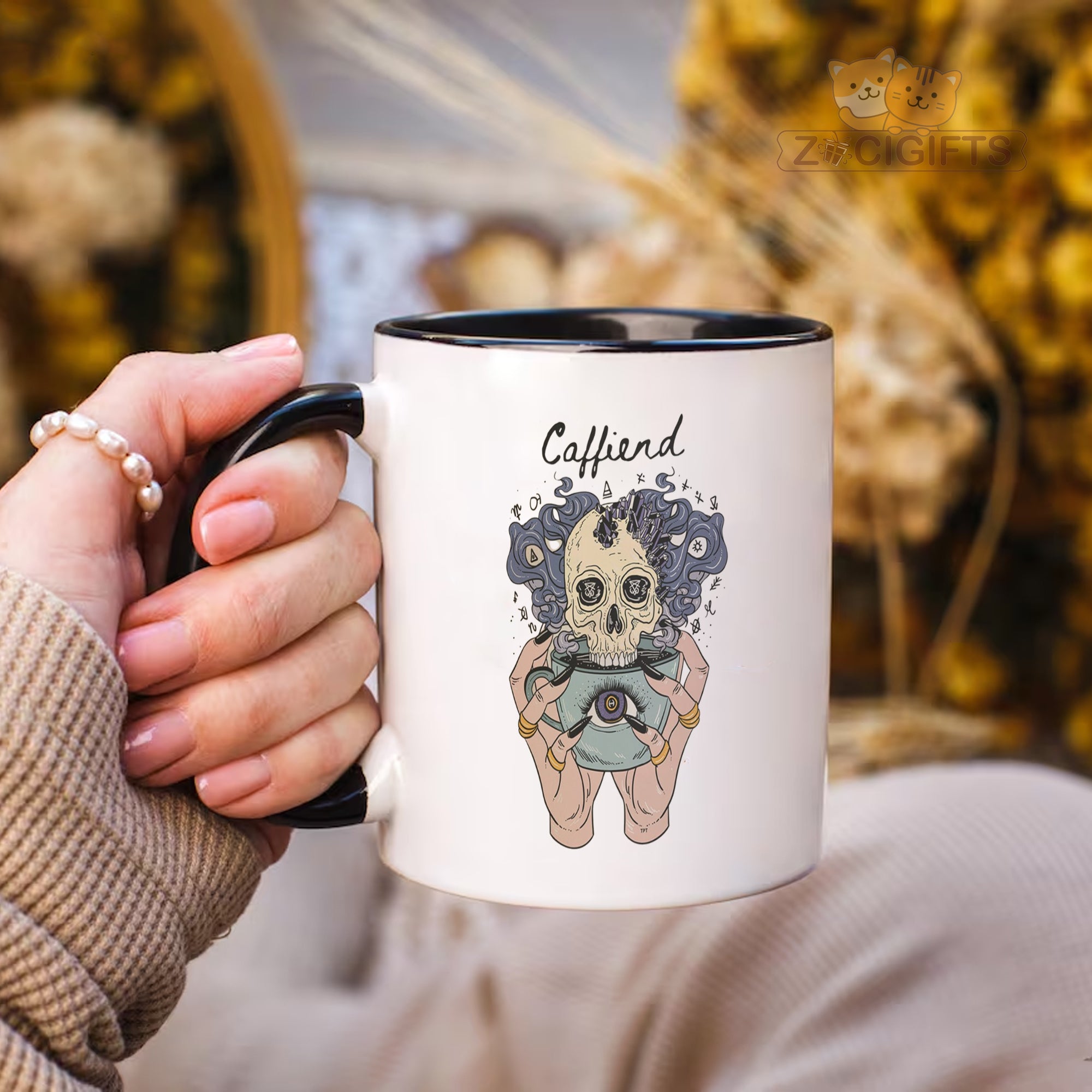 "Gothic Coffee Lover Mug - 'Coffiend' Skull & Mystical Design Humorous Coffee Cup for Dark Academia, Goth Style Enthusiasts, Gift Idea for Coffee Addicts, Halloween, Birthdays in North America & Europe"