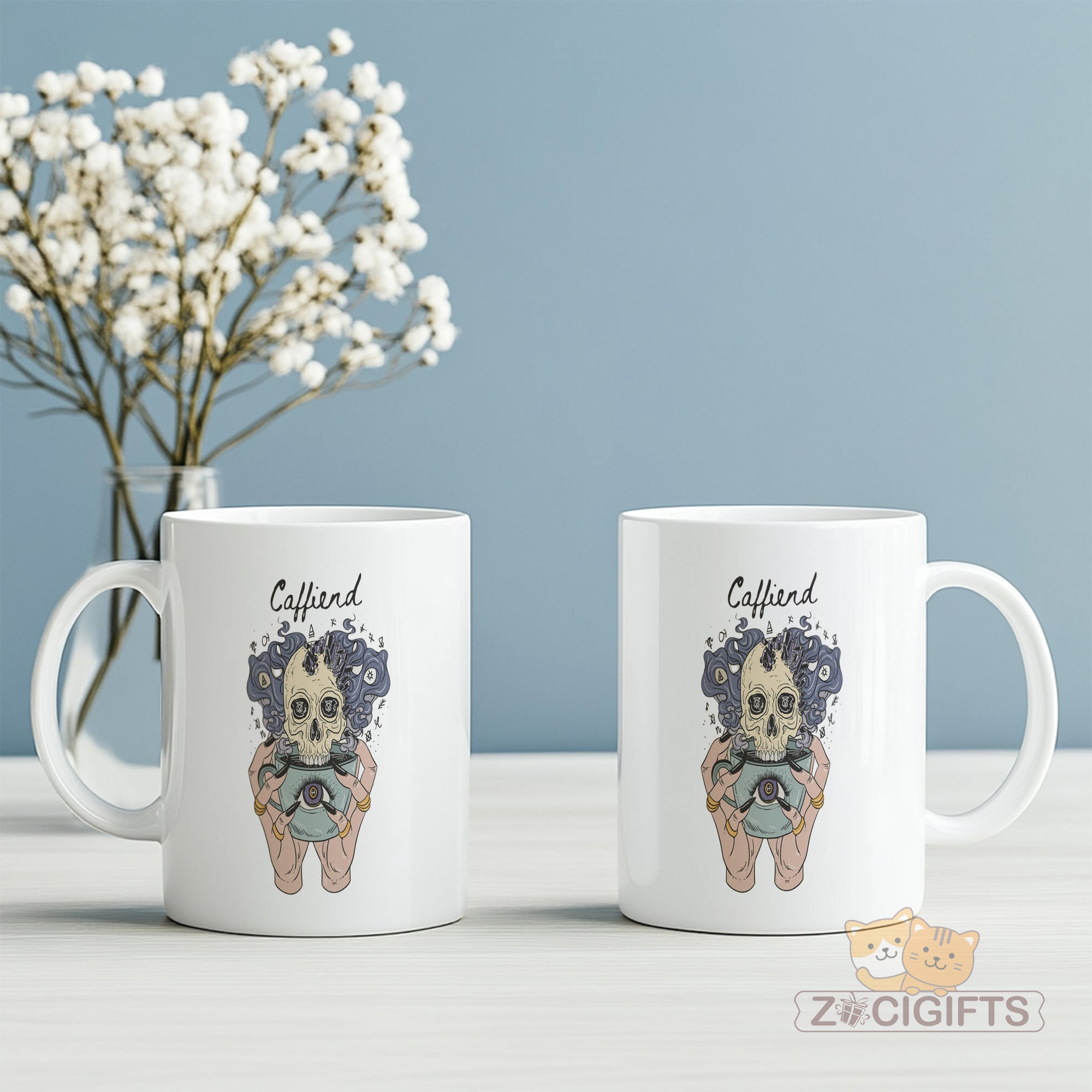 "Gothic Coffee Lover Mug - 'Coffiend' Skull & Mystical Design Humorous Coffee Cup for Dark Academia, Goth Style Enthusiasts, Gift Idea for Coffee Addicts, Halloween, Birthdays in North America & Europe"
