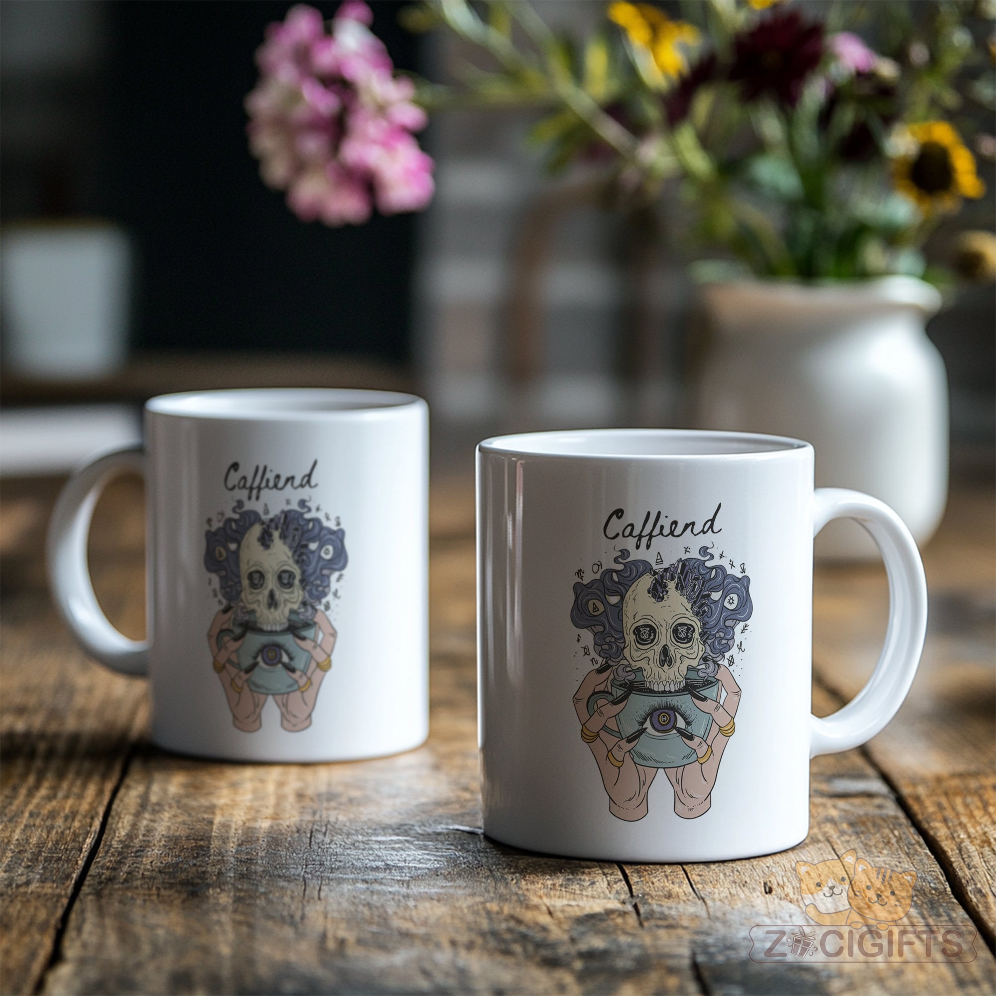 "Gothic Coffee Lover Mug - 'Coffiend' Skull & Mystical Design Humorous Coffee Cup for Dark Academia, Goth Style Enthusiasts, Gift Idea for Coffee Addicts, Halloween, Birthdays in North America & Europe"