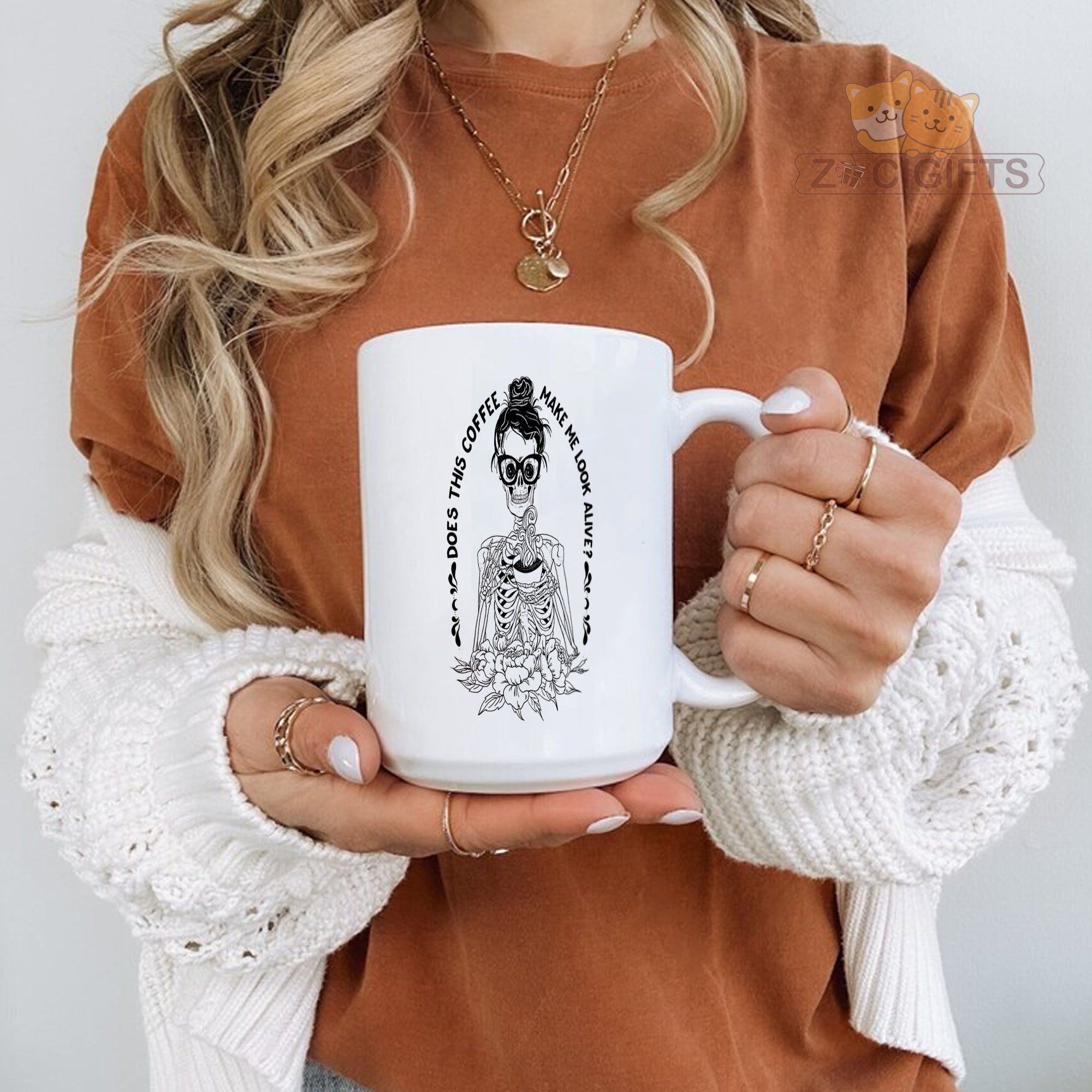 "Funny Coffee Addict Mug - 'Does This Coffee Make Me Look Alive?' Skeleton Design Humorous Coffee Cup for Caffeine Lovers, Gift Idea for Birthdays, Halloween, Coffee-Obsessed Friends in North America & Europe"