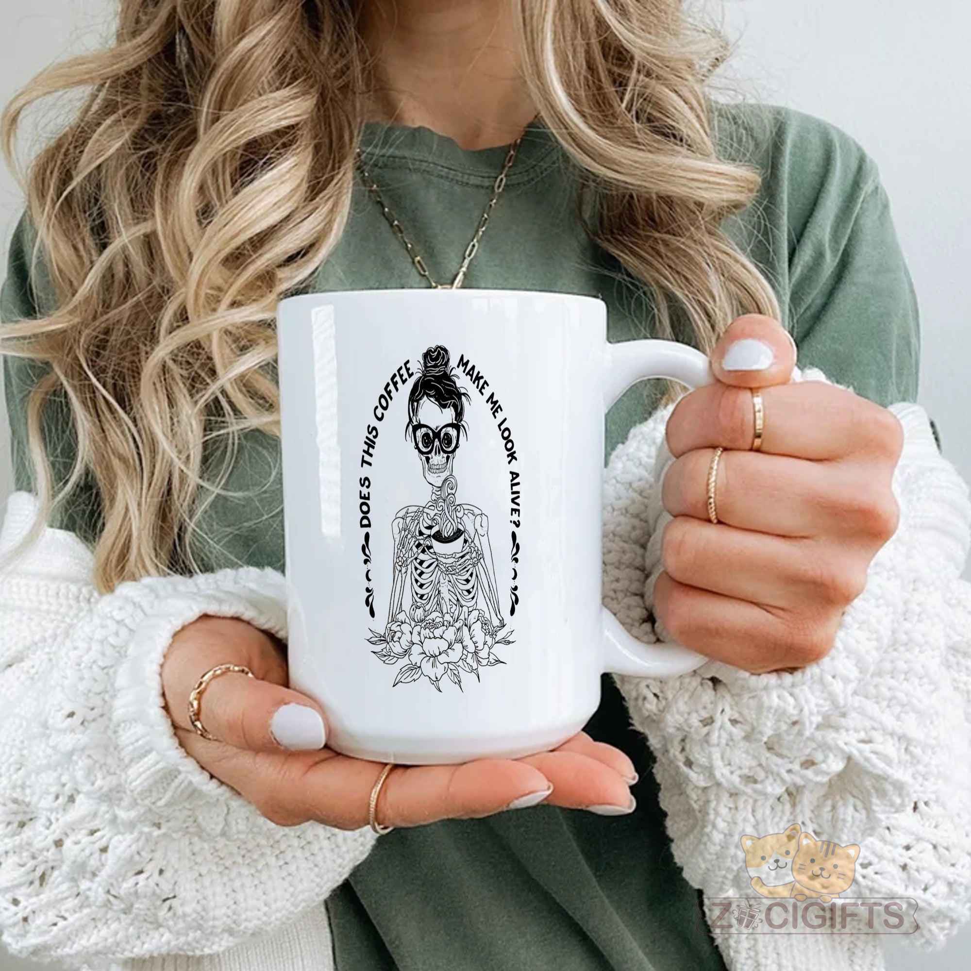 "Funny Coffee Addict Mug - 'Does This Coffee Make Me Look Alive?' Skeleton Design Humorous Coffee Cup for Caffeine Lovers, Gift Idea for Birthdays, Halloween, Coffee-Obsessed Friends in North America & Europe"