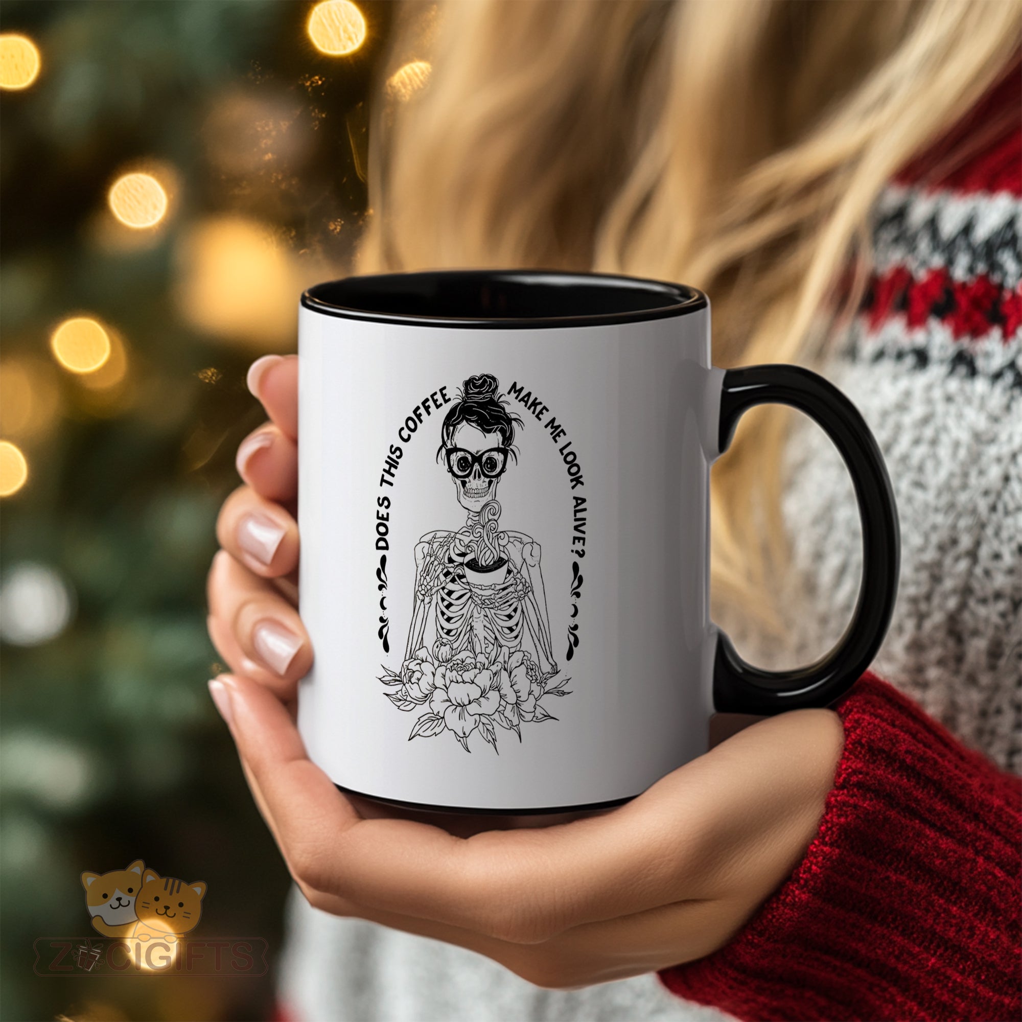 "Funny Coffee Addict Mug - 'Does This Coffee Make Me Look Alive?' Skeleton Design Humorous Coffee Cup for Caffeine Lovers, Gift Idea for Birthdays, Halloween, Coffee-Obsessed Friends in North America & Europe"