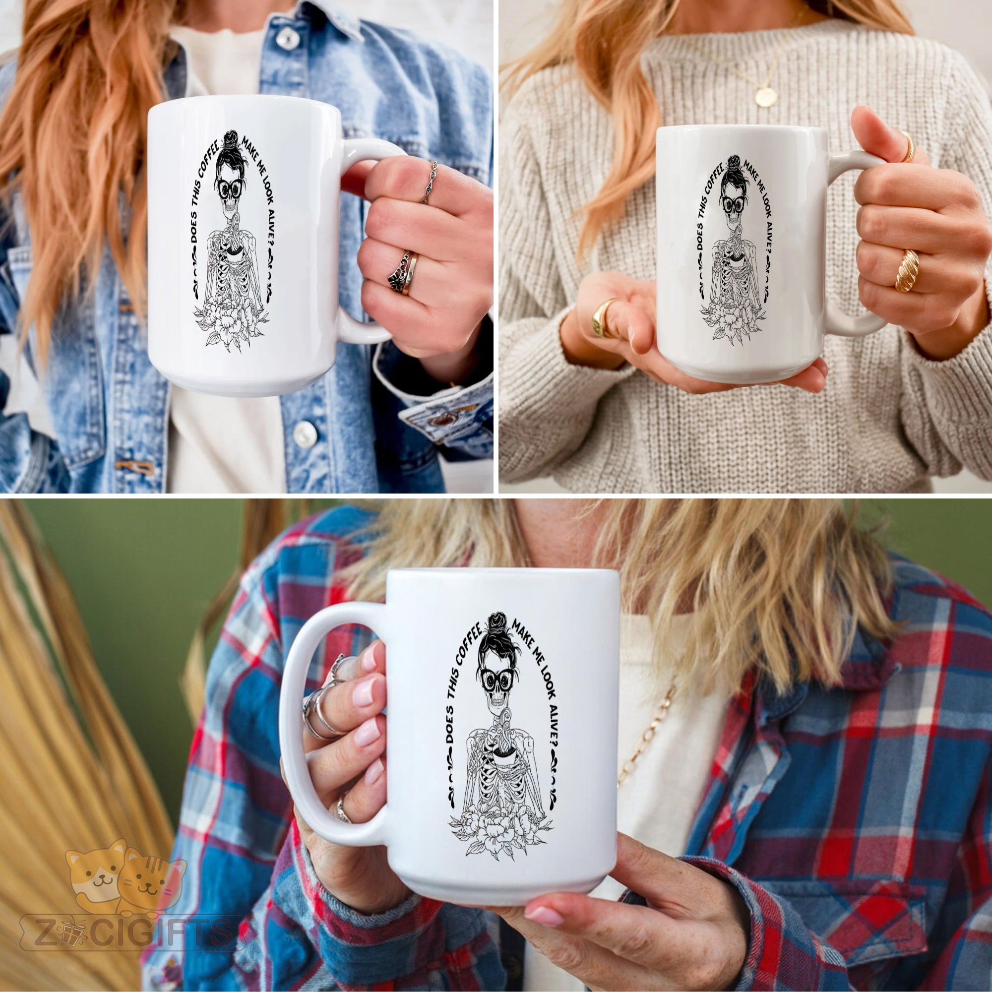 "Funny Coffee Addict Mug - 'Does This Coffee Make Me Look Alive?' Skeleton Design Humorous Coffee Cup for Caffeine Lovers, Gift Idea for Birthdays, Halloween, Coffee-Obsessed Friends in North America & Europe"
