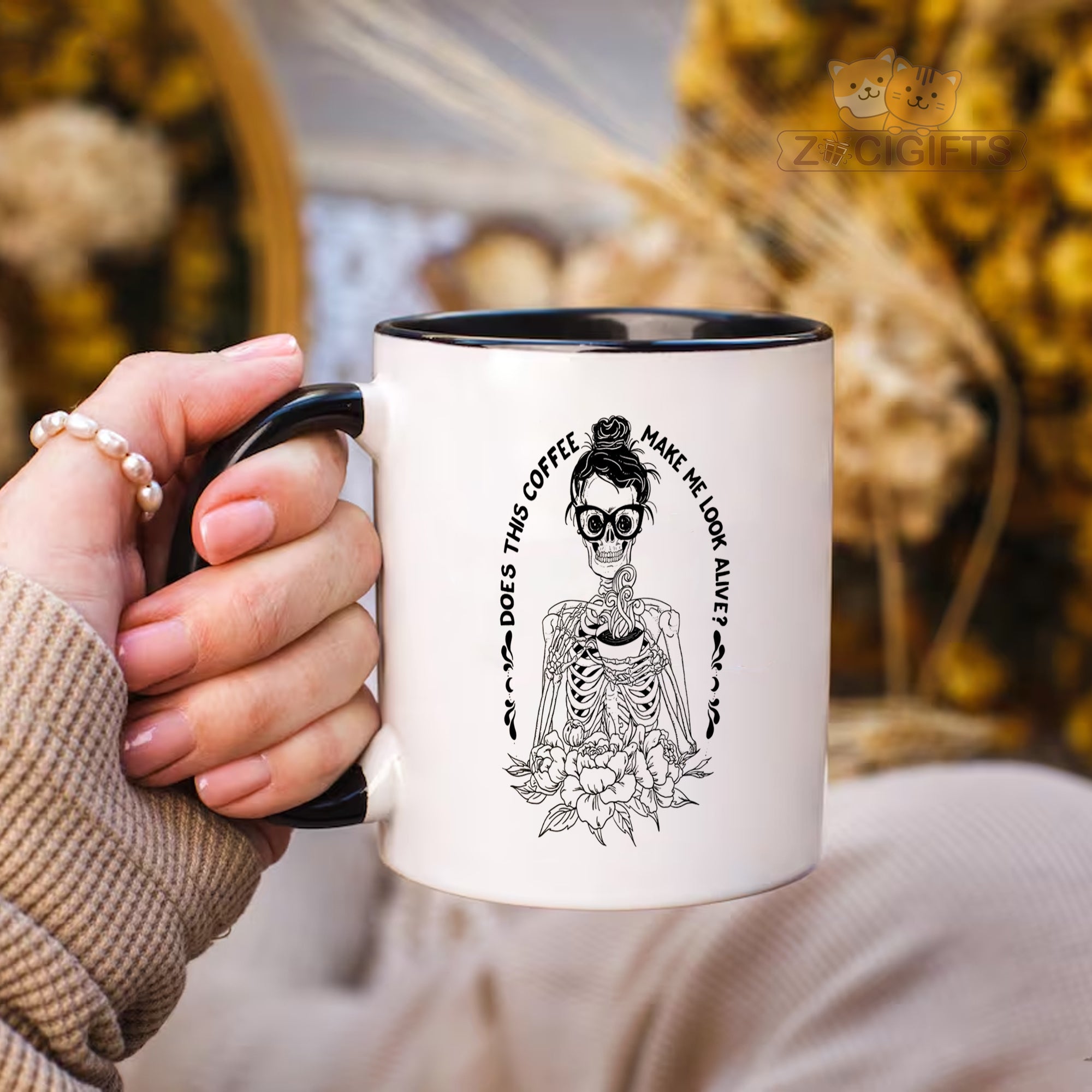 "Funny Coffee Addict Mug - 'Does This Coffee Make Me Look Alive?' Skeleton Design Humorous Coffee Cup for Caffeine Lovers, Gift Idea for Birthdays, Halloween, Coffee-Obsessed Friends in North America & Europe"