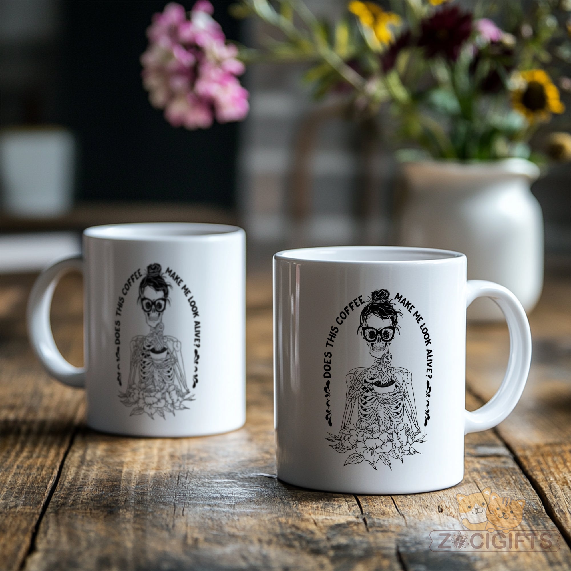 "Funny Coffee Addict Mug - 'Does This Coffee Make Me Look Alive?' Skeleton Design Humorous Coffee Cup for Caffeine Lovers, Gift Idea for Birthdays, Halloween, Coffee-Obsessed Friends in North America & Europe"
