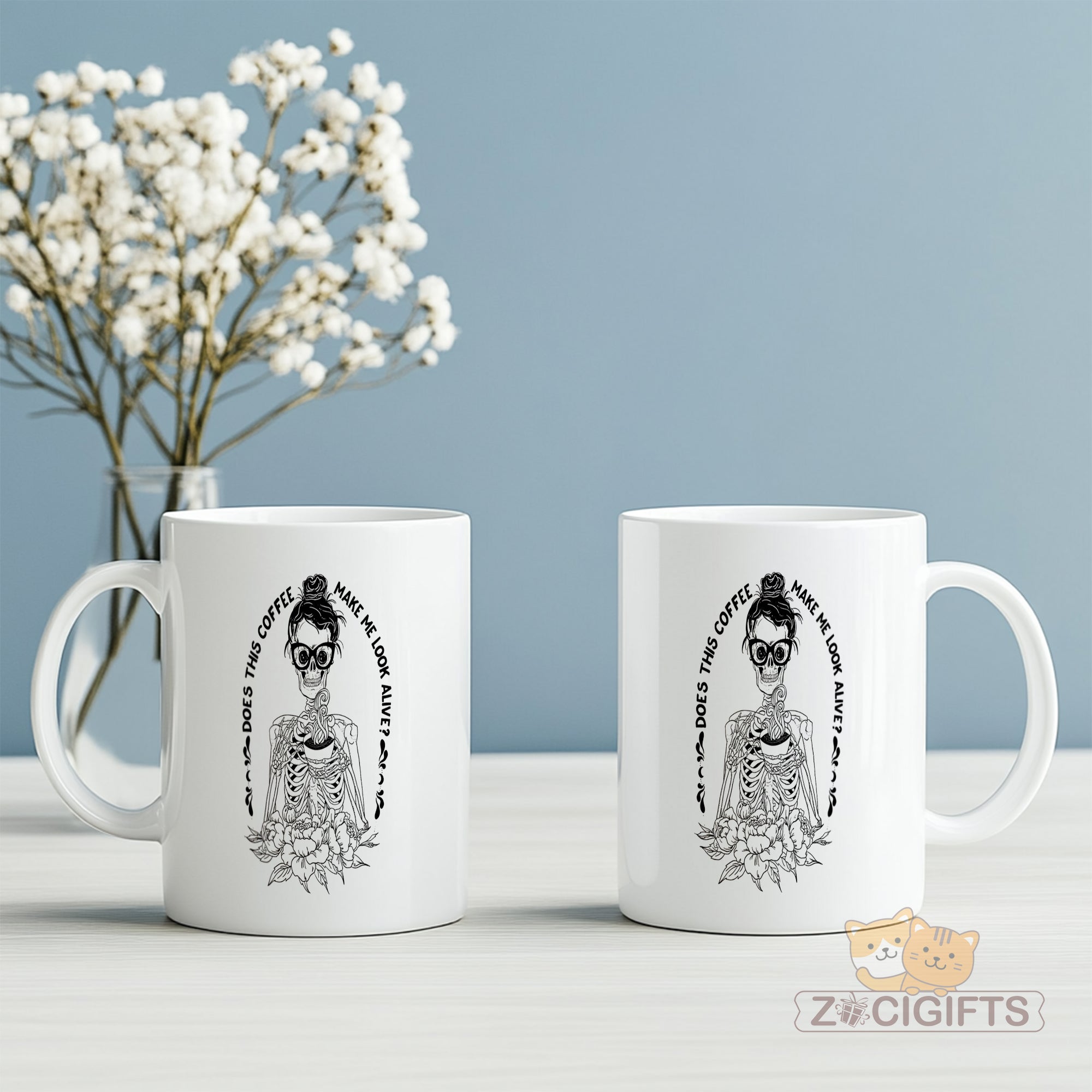 "Funny Coffee Addict Mug - 'Does This Coffee Make Me Look Alive?' Skeleton Design Humorous Coffee Cup for Caffeine Lovers, Gift Idea for Birthdays, Halloween, Coffee-Obsessed Friends in North America & Europe"