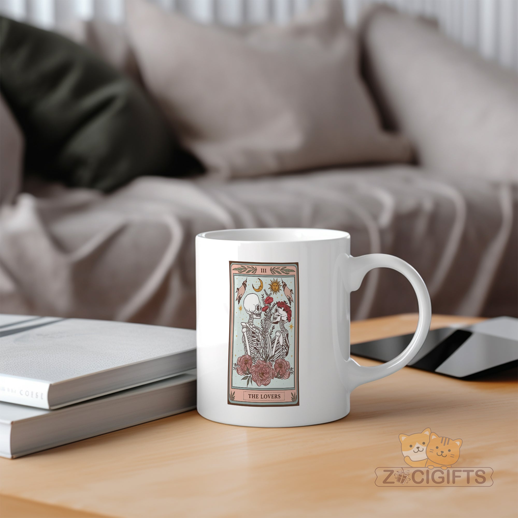 "Tarot Card The Lovers Mug - Skeleton Gothic Mystical Coffee Cup for Tarot Enthusiasts, Couples, Halloween Gift Idea in North America & Europe"