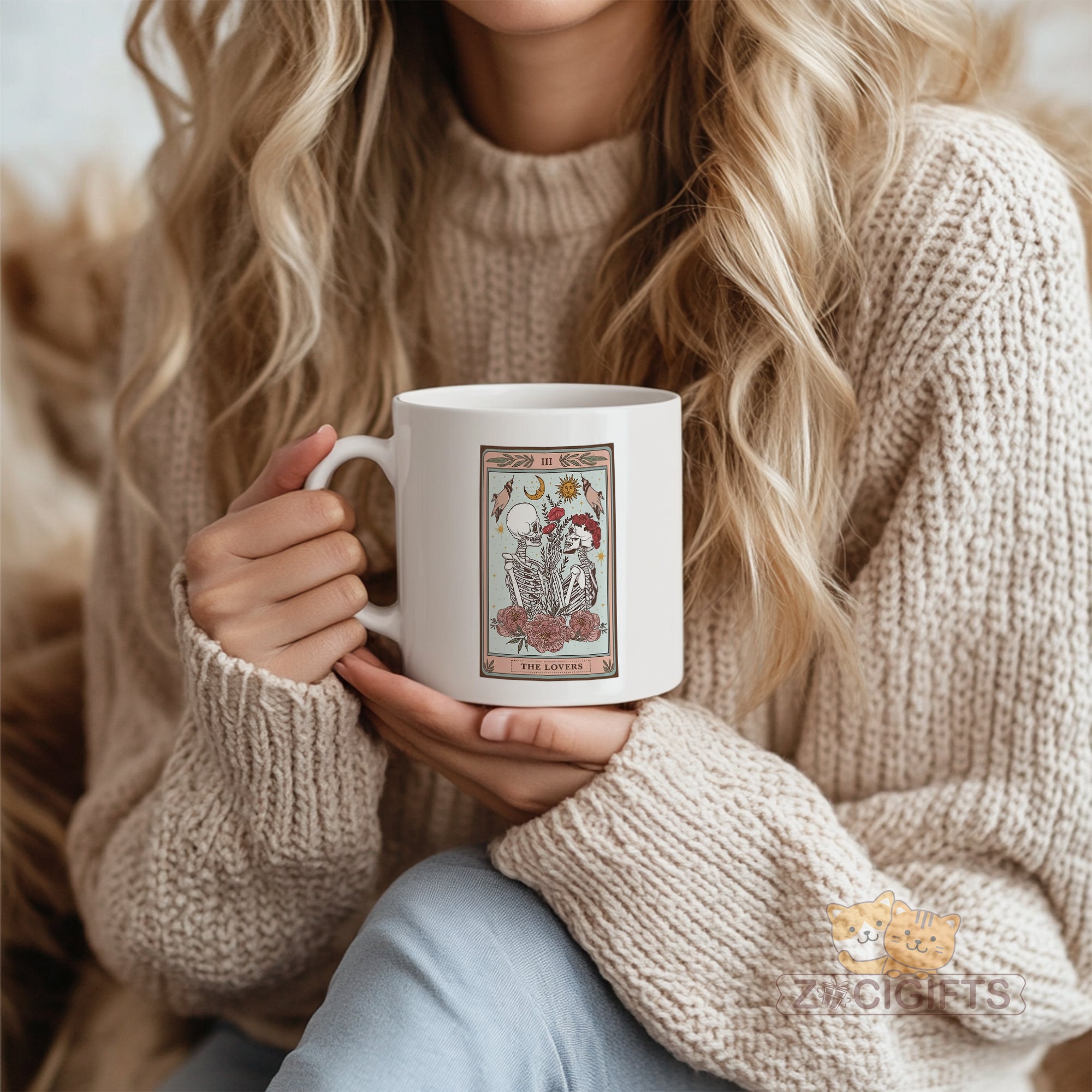 "Tarot Card The Lovers Mug - Skeleton Gothic Mystical Coffee Cup for Tarot Enthusiasts, Couples, Halloween Gift Idea in North America & Europe"