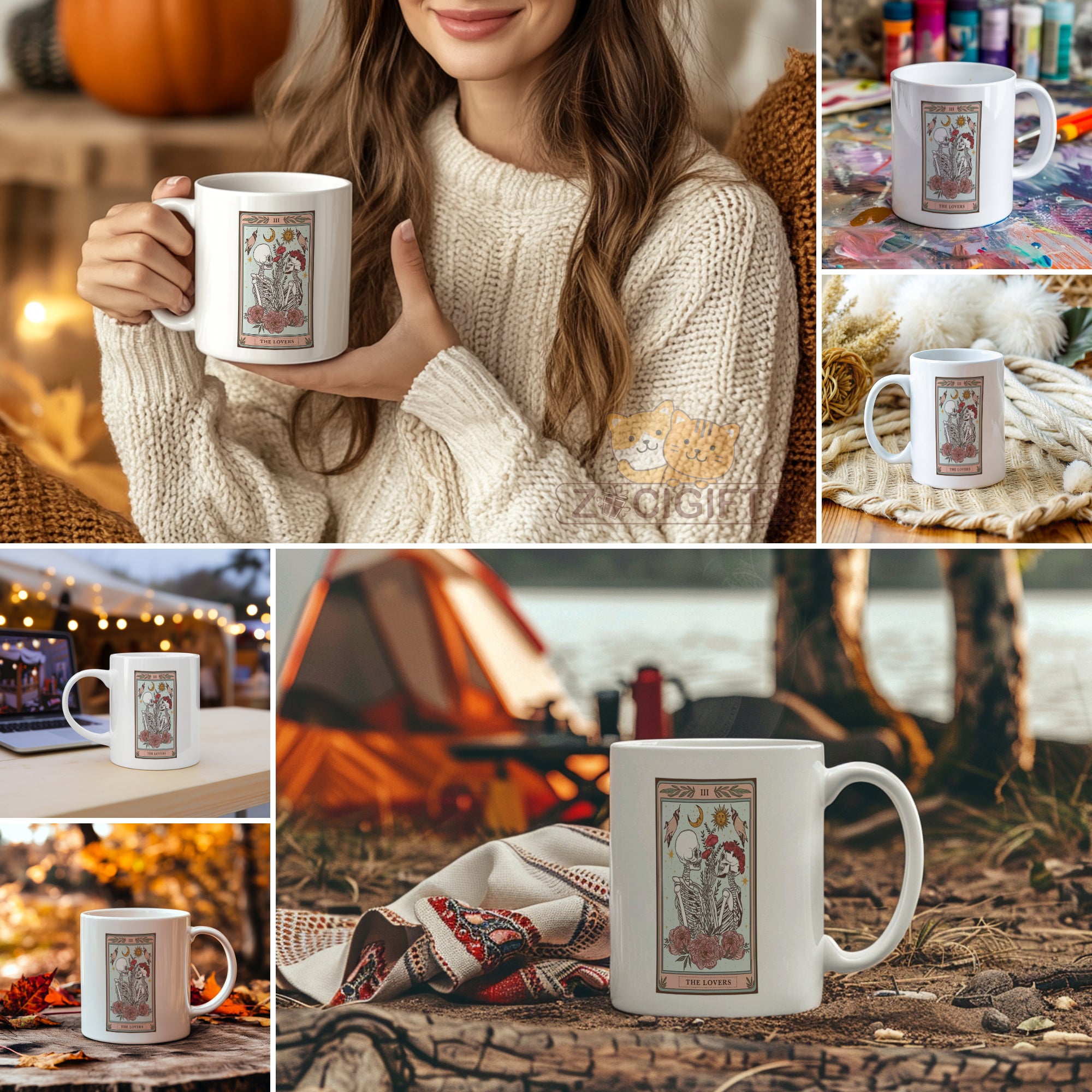 "Tarot Card The Lovers Mug - Skeleton Gothic Mystical Coffee Cup for Tarot Enthusiasts, Couples, Halloween Gift Idea in North America & Europe"