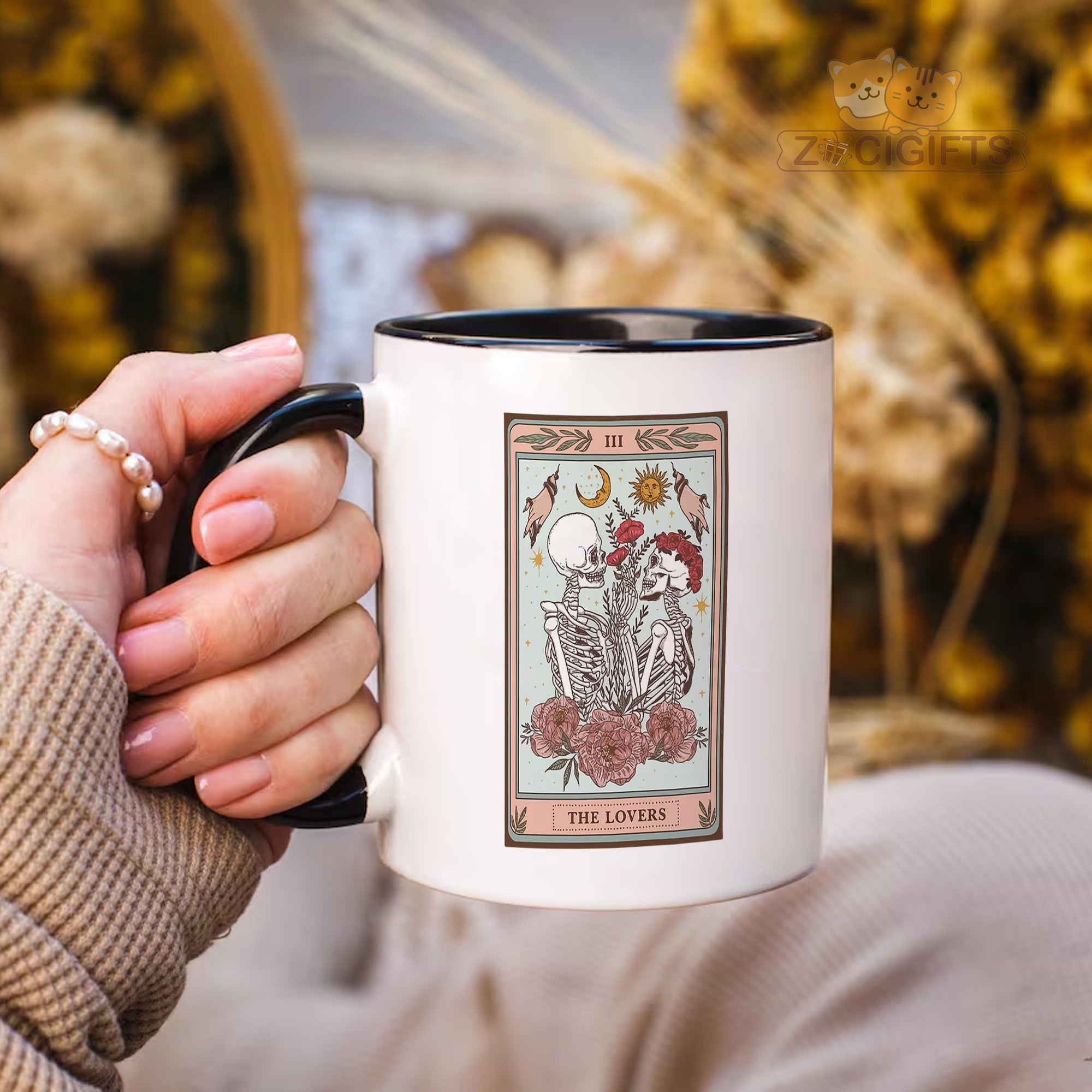"Tarot Card The Lovers Mug - Skeleton Gothic Mystical Coffee Cup for Tarot Enthusiasts, Couples, Halloween Gift Idea in North America & Europe"
