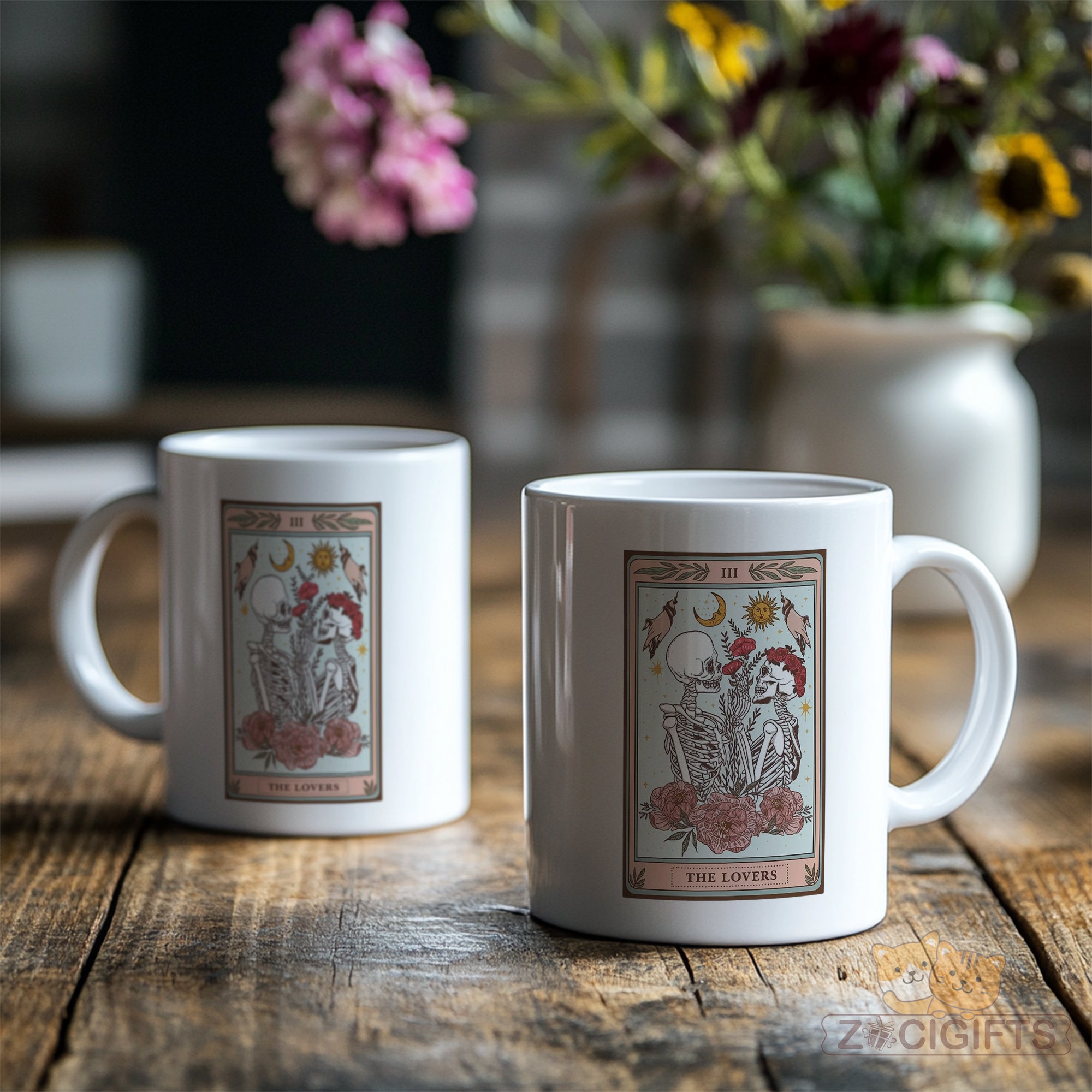 "Tarot Card The Lovers Mug - Skeleton Gothic Mystical Coffee Cup for Tarot Enthusiasts, Couples, Halloween Gift Idea in North America & Europe"