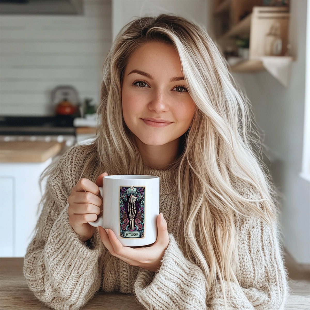 "Funny Gothic Tarot Card Mug - 'Shit Show' Skeleton Hand Humorous Coffee Cup for Tarot Enthusiasts, Sarcastic Gift Idea for Birthdays, Halloween, Chaos Lovers in North America & Europe"