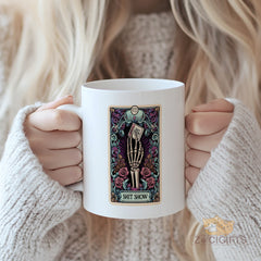 "Funny Gothic Tarot Card Mug - 'Shit Show' Skeleton Hand Humorous Coffee Cup for Tarot Enthusiasts, Sarcastic Gift Idea for Birthdays, Halloween, Chaos Lovers in North America & Europe"