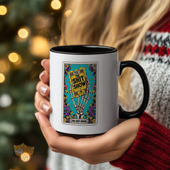 "Funny Gothic 'The Shit Show' Tarot Card Mug - Skeleton Hand Humorous Coffee Cup for Sarcastic Humor Lovers, Gift Idea for Birthdays, Halloween, Chaos Enthusiasts in North America & Europe"