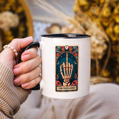 "Funny Gothic Tarot Card Mug - 'Zero Fucks Given' Skeleton Hand Middle Finger Humorous Coffee Cup for Sarcastic Humor Lovers, Gift Idea for Birthdays, Halloween, Edgy Style Enthusiasts in North America & Europe"