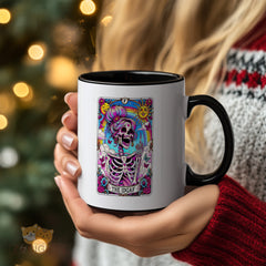 "Funny Gothic Tarot Card Mug - 'The IDGAF' Skeleton with Colorful Art Humorous Coffee Cup for Sarcastic Humor Lovers, Gift Idea for Birthdays, Halloween, Edgy Style Enthusiasts in North America & Europe"