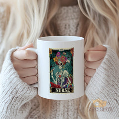 "Gothic Tarot Card The Nurse Mug - Skeleton Floral Design Coffee Cup for Nurses, Gift Idea for Nurse Appreciation Day, Birthdays, Christmas in North America & Europe"