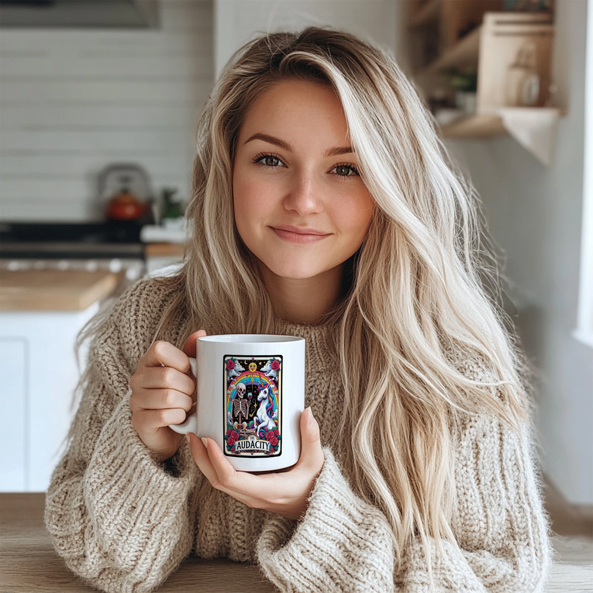 "Funny Gothic Tarot Card Mug - 'The Audacity' Skeleton & Unicorn Humorous Coffee Cup for Sarcastic Humor Lovers, Gift Idea for Birthdays, Halloween, Whimsical Style Enthusiasts in North America & Europe"