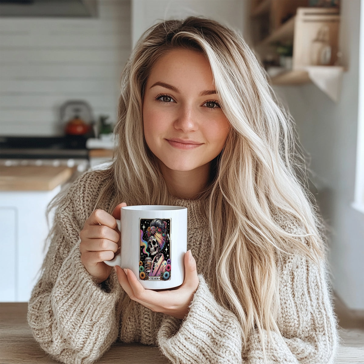 "Gothic Tarot Card 'The Mom' Mug - Skeleton Mom with Floral & Coffee Design Coffee Cup for Moms, Gift Idea for Mother's Day, Birthdays, Mom Appreciation in North America & Europe"